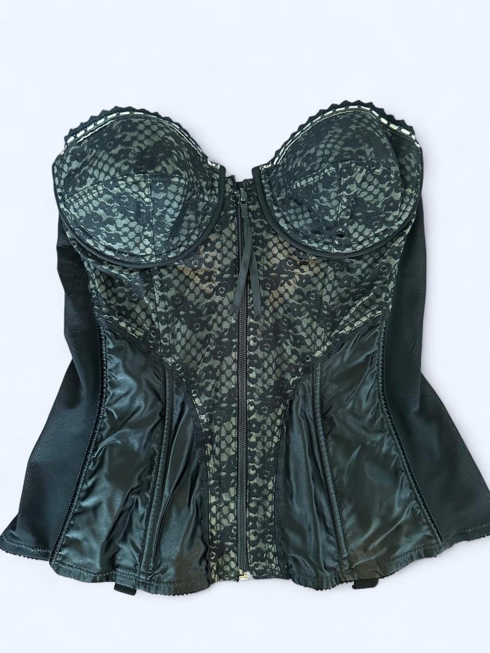 Vintage Victoria's Secret White Tag Black Lace Bustier with Front Zip